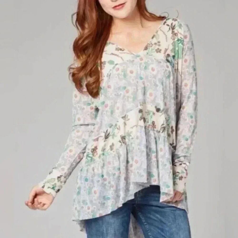 Free People Isabelle Boho Floral Patchwork Tunic Pastel Multicolor Small